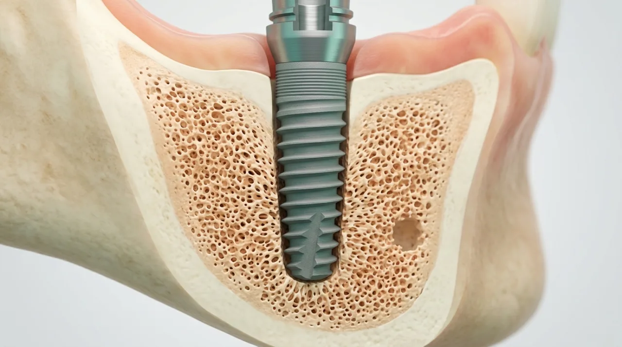 Secțiune prin os cu un implant conic care compactează lateral osul, ilustrând stabilitatea primară