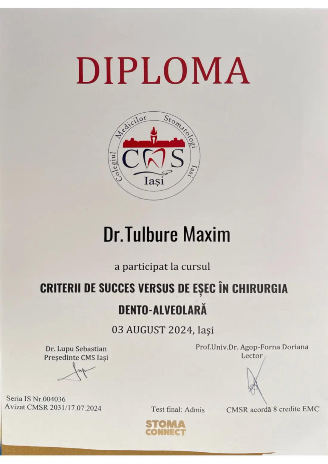 Criterii de succes în chirurgia dento-alveolară (CMS Iași, 8 credite EMC)